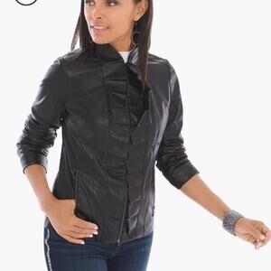 Chico's Faux-Leather Ruffle Front Jacket Size XL Black Full Zip Long Sleeve